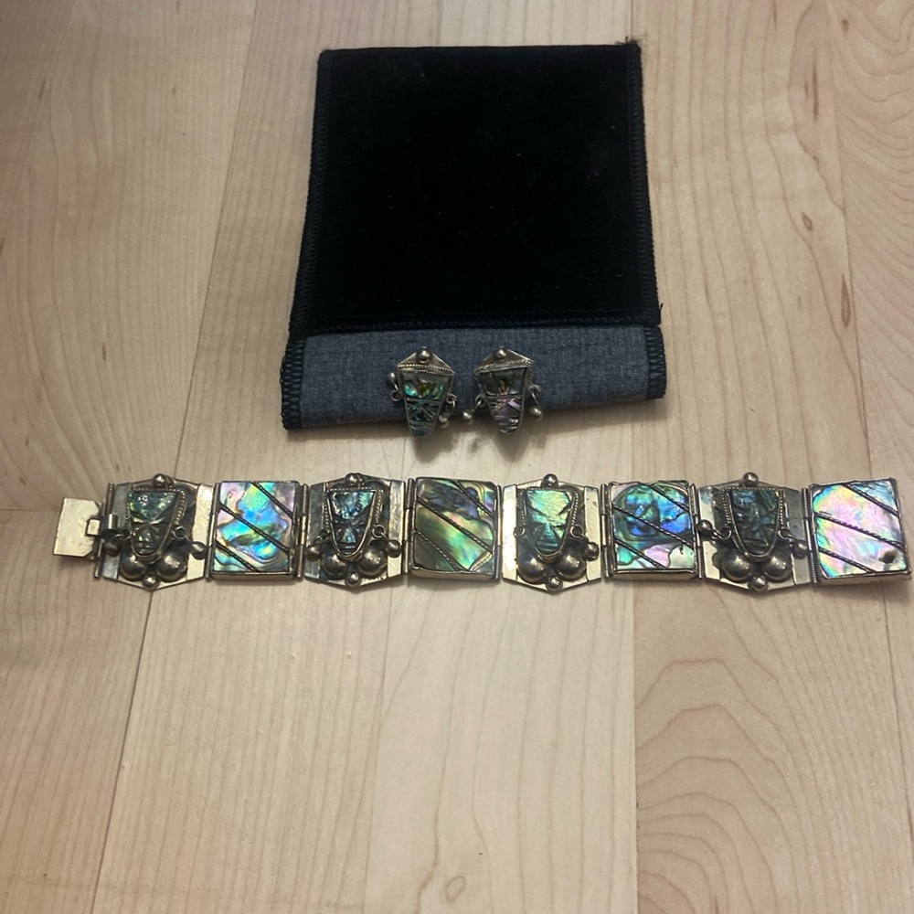 Vintage Abalone & Sterling Taxco bracelet & earrings